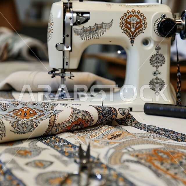 اختيار أجود أنواع الأقمشة لصناعة الأثواب السعودية، استعمال أدوات ومعدات الحياكة، تفصيل الملابس النسائية، صورة مقربة لماكينة خياطة، مهن و حرف يدوية  شعبية