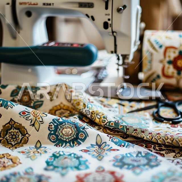 اختيار أجود أنواع الأقمشة لصناعة الأثواب السعودية، استعمال أدوات ومعدات الحياكة، تفصيل الملابس النسائية، صورة مقربة لماكينة خياطة، مهن و حرف يدوية  شعبية