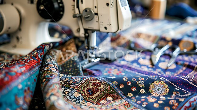 استعمال أدوات ومعدات الحياكة، تفصيل الملابس النسائية، صورة مقربة لماكينة خياطة، مهن و حرف يدوية  شعبية، اختيار أجود أنواع الأقمشة لصناعة الأثواب السعودية