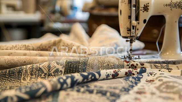 استعمال أدوات ومعدات الحياكة، تفصيل الملابس النسائية، صورة مقربة لماكينة خياطة، مهن و حرف يدوية  شعبية، اختيار أجود أنواع الأقمشة لصناعة الأثواب السعودية