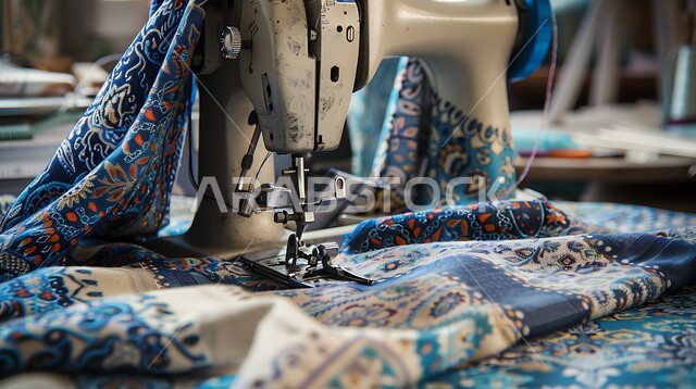 اختيار أجود أنواع الأقمشة لصناعة الأثواب السعودية، استعمال أدوات ومعدات الحياكة، تفصيل الملابس النسائية، صورة مقربة لماكينة خياطة، مهن و حرف يدوية  شعبية