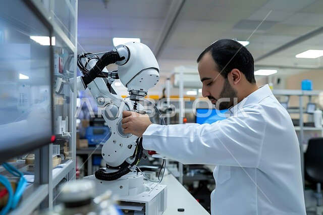 تطور التقنيه والتكنولوجيا الحديثه، التحول الرقمي والتقدم التقني, رؤية سعودية مستقبلية 2030، صورة مقربة لرجل عربي خليجي سعودي يرتدي المعطف الابيض يقوم بتحسين الانتاج باستخدام الالات والمعدات الذكيه في الصناعات الالكترونيه