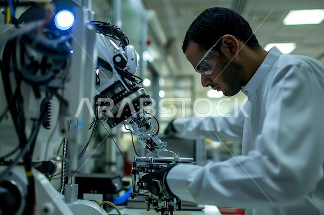 تطور التقنيه والتكنولوجيا الحديثه، التحول الرقمي والتقدم التقني, رؤية سعودية مستقبلية 2030، صورة مقربة لرجل عربي خليجي سعودي يرتدي المعطف الابيض يقوم بتحسين الانتاج باستخدام الالات والمعدات الذكيه في الصناعات الالكترونيه