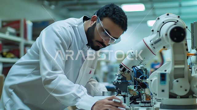 Digital transformation and technical progress, the development of technology and modern technology, a future Saudi vision 2030, a close-up photo of a Saudi Gulf Arab man wearing a white coat improving production using smart machines and equipment in electronic industries.
