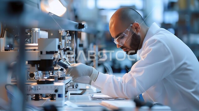  التحول الرقمي والتقدم التقني, تطور التقنيه والتكنولوجيا الحديثه، رؤية سعودية مستقبلية 2030، صورة مقربة لرجل عربي خليجي سعودي يرتدي المعطف الابيض يقوم بتحسين الانتاج باستخدام الالات والمعدات الذكيه في الصناعات الالكترونيه