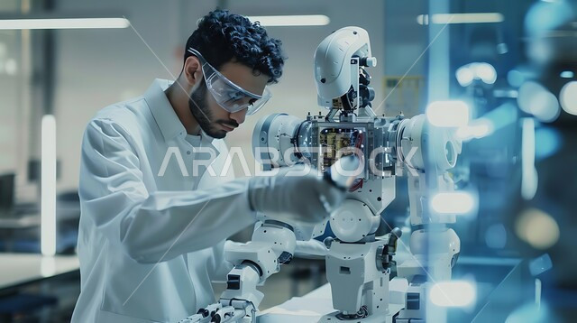  التحول الرقمي والتقدم التقني, تطور التقنيه والتكنولوجيا الحديثه، رؤية سعودية مستقبلية 2030، صورة مقربة لرجل عربي خليجي سعودي يرتدي المعطف الابيض يقوم بتحسين الانتاج باستخدام الالات والمعدات الذكيه في الصناعات الالكترونيه