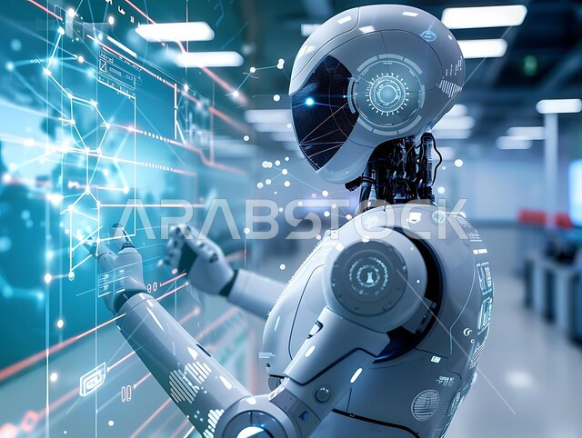 رؤية سعودية مستقبلية 2030، التحول الرقمي والتقدم التقني, تطور التقنيه والتكنولوجيا الحديثه، صورة مقربة لرجل عربي خليجي سعودي يقوم بتحسين الانتاج باستخدام الالات والمعدات الذكيه في الصناعات الالكترونيه