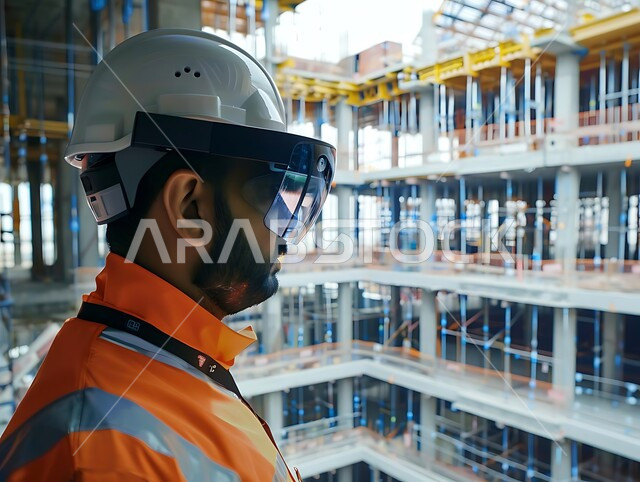 The development and growth of the engineering sector in the Kingdom, Saudi engineering professions and jobs, supervision of projects at the work site, a close-up photo of a young Saudi Gulf Arab engineer wearing the profession’s uniform and a protective helmet with 3D VR glasses, interaction and integration with virtual reality