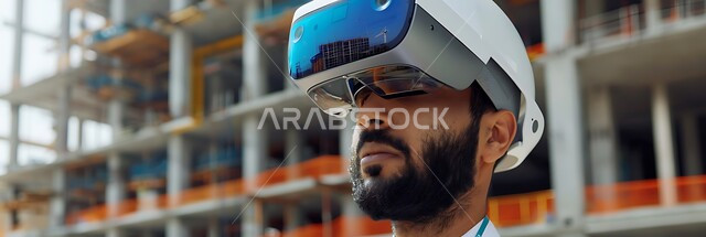 The development and growth of the engineering sector in the Kingdom, Saudi engineering professions and jobs, supervision of projects at the work site, a close-up photo of a young Saudi Gulf Arab engineer wearing the profession’s uniform and a protective helmet with 3D VR glasses, interaction and integration with virtual reality