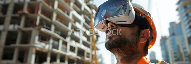 The development and growth of the engineering sector in the Kingdom, Saudi engineering professions and jobs, supervision of projects at the work site, a close-up photo of a young Saudi Gulf Arab engineer wearing the profession’s uniform and a protective helmet with 3D VR glasses, interaction and integration with virtual reality