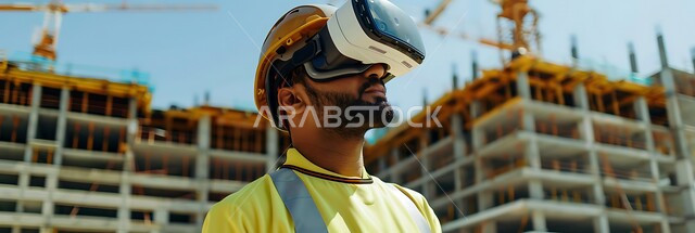 The development and growth of the engineering sector in the Kingdom, Saudi engineering professions and jobs, supervision of projects at the work site, a close-up photo of a young Saudi Gulf Arab engineer wearing the profession’s uniform and a protective helmet with 3D VR glasses, interaction and integration with virtual reality