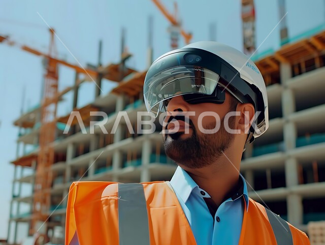 Interaction and integration with virtual reality, the development and growth of the engineering sector in the Kingdom, Saudi engineering professions and jobs, supervision of projects on the work site, a close-up photo of a young Saudi Gulf Arab engineer wearing the profession’s uniform and a protective helmet with 3D VR glasses