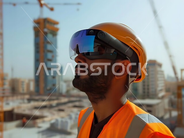  التفاعل والاندماج مع الواقع الافتراضي، تطور ونمو القطاع الهندسي في المملكة، مهن ووظائف هندسية سعودية، الاشراف على المشاريع في موقع العمل، صورة مقربة لمهندس شاب عربي خليجي سعودي يرتدي اللباس الخاص بالمهنة وخوذة الحماية مع نظارة الفي ار ثلاثية الأبعاد