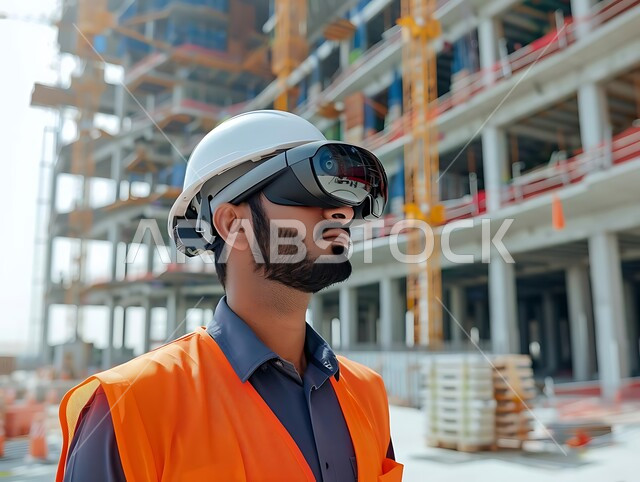 Interaction and integration with virtual reality, the development and growth of the engineering sector in the Kingdom, Saudi engineering professions and jobs, supervision of projects on the work site, a close-up photo of a young Saudi Gulf Arab engineer wearing the profession’s uniform and a protective helmet with 3D VR glasses