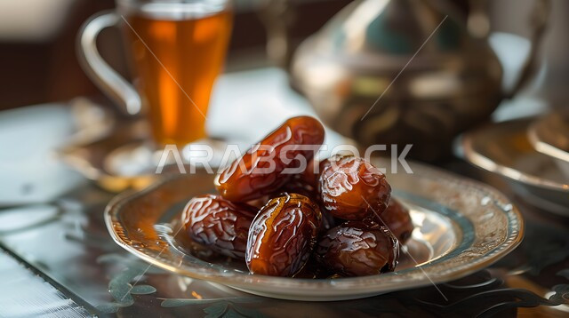 مجموعة من حبات التمر بجانب دلة من العسل السعودي على مائدة تقليدية، يعرض مزيجاً من النكهات الحلوة والغنية، التركيز على المنتجات الطبيعية والمحلية، غذاء صحي ولذيذ