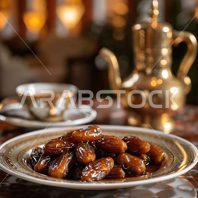 مجموعة من حبات التمر بجانب دلة من العسل السعودي على مائدة تقليدية، يعرض مزيجاً من النكهات الحلوة والغنية، التركيز على المنتجات الطبيعية والمحلية، غذاء صحي ولذيذ