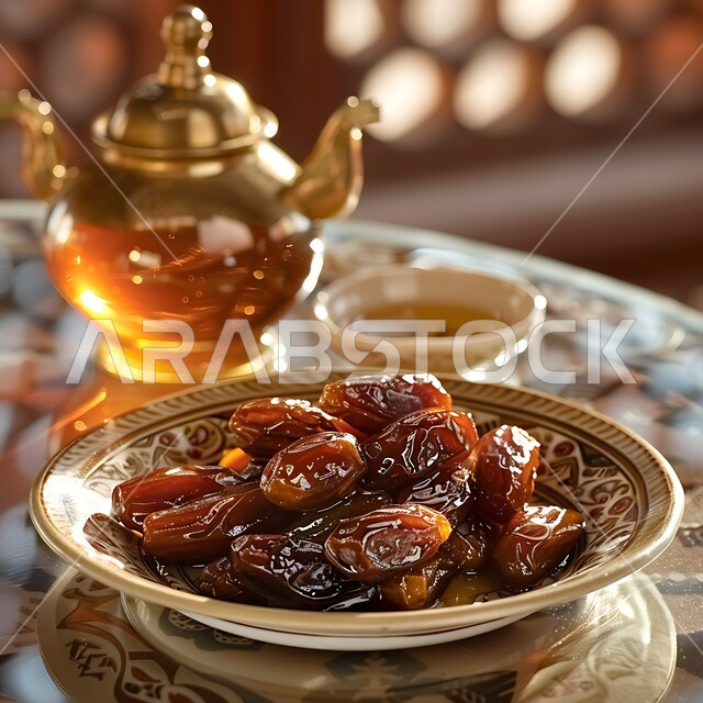 A group of dates next to a dal of Saudi honey on a traditional table, displaying a mixture of sweet and rich flavours, focusing on natural and local products, healthy and delicious food.