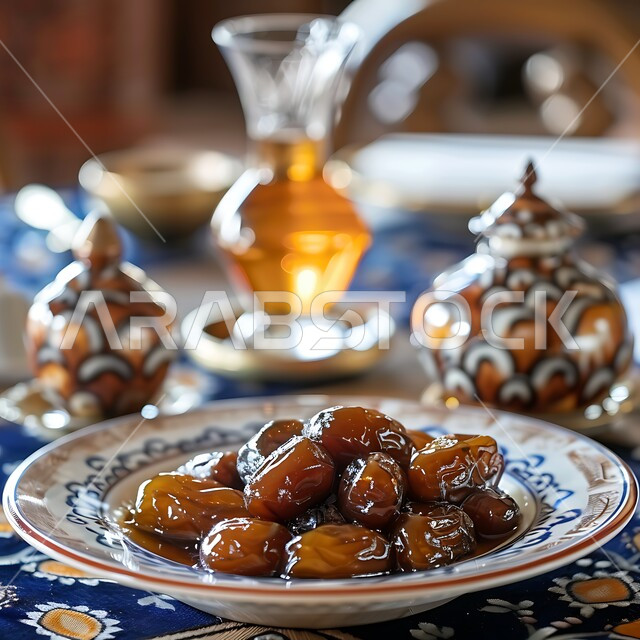 مجموعة من حبات التمر بجانب دلة من العسل السعودي على مائدة تقليدية، يعرض مزيجاً من النكهات الحلوة والغنية، التركيز على المنتجات الطبيعية والمحلية، غذاء صحي ولذيذ