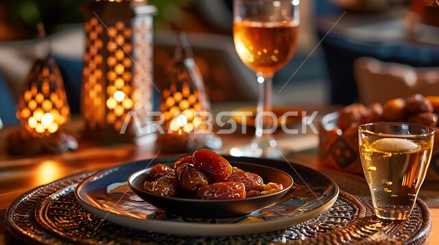 مجموعة من حبات التمر بجانب دلة من العسل السعودي على مائدة تقليدية، يعرض مزيجاً من النكهات الحلوة والغنية، التركيز على المنتجات الطبيعية والمحلية، غذاء صحي ولذيذ