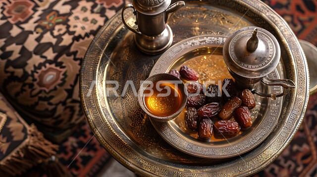 التركيز على المنتجات الطبيعية والمحلية، مجموعة من حبات التمر بجانب دلة من العسل السعودي على مائدة تقليدية، يعرض مزيجاً من النكهات الحلوة والغنية، غذاء صحي ولذيذ