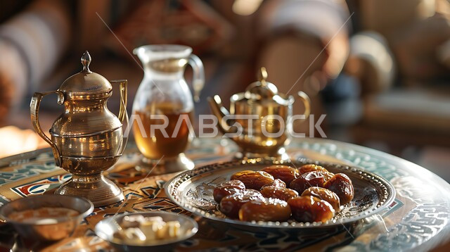 التركيز على المنتجات الطبيعية والمحلية، مجموعة من حبات التمر بجانب دلة من العسل السعودي على مائدة تقليدية، يعرض مزيجاً من النكهات الحلوة والغنية، غذاء صحي ولذيذ