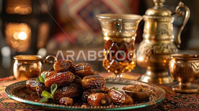 التركيز على المنتجات الطبيعية والمحلية، مجموعة من حبات التمر بجانب دلة من العسل السعودي على مائدة تقليدية، يعرض مزيجاً من النكهات الحلوة والغنية، غذاء صحي ولذيذ