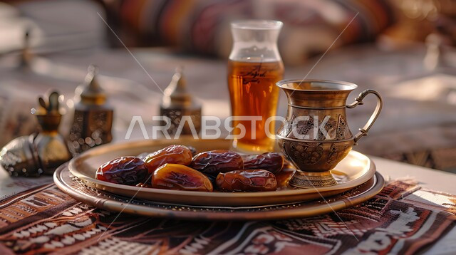التركيز على المنتجات الطبيعية والمحلية، مجموعة من حبات التمر بجانب دلة من العسل السعودي على مائدة تقليدية، يعرض مزيجاً من النكهات الحلوة والغنية، غذاء صحي ولذيذ