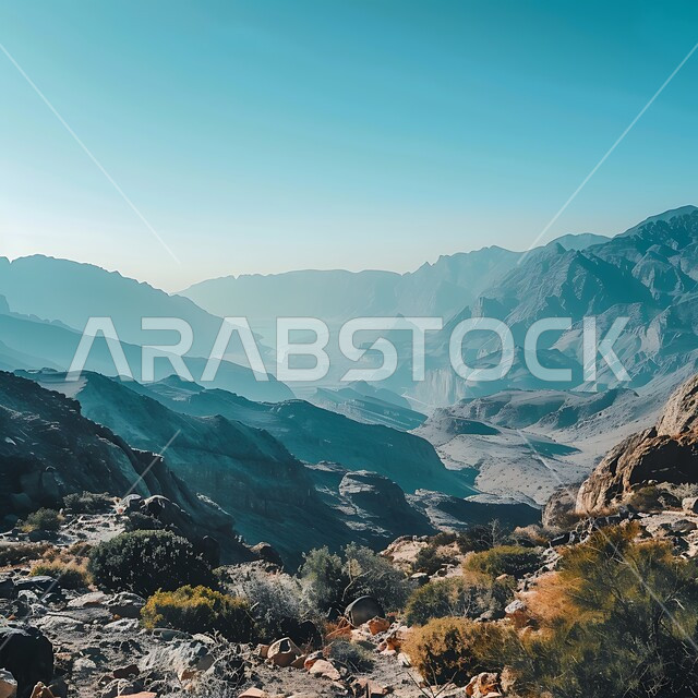 الأشجار والنباتات على اعالي الجبال في السعودية، سلاسل الجبال الشاهقة في منطقة عسير جنوب غرب المملكة العربية السعودية ، سلسلة جبال الطبيعية، الطبيعة الخضراء في القمم والمرتفعات الجبلية