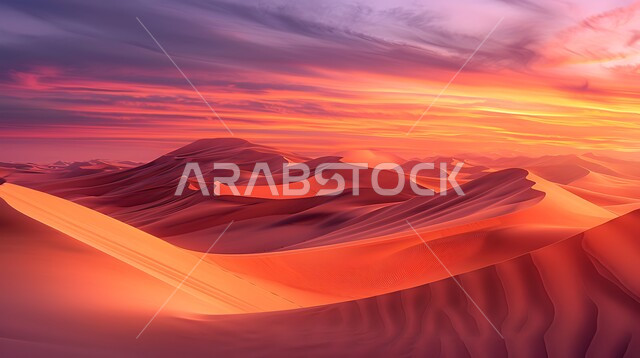 التلال الرملية والتضاريس الصحراوية الطبيعية في المملكة العربية السعودية، المناظر الطبيعية والرمال الذهبية الناعمة في الصحراء ، القمم والمرتفعات الجبلية وقت غروب الشمس