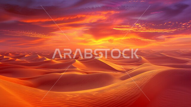 التلال الرملية والتضاريس الصحراوية الطبيعية في المملكة العربية السعودية، المناظر الطبيعية والرمال الذهبية الناعمة في الصحراء ، القمم والمرتفعات الجبلية وقت غروب الشمس