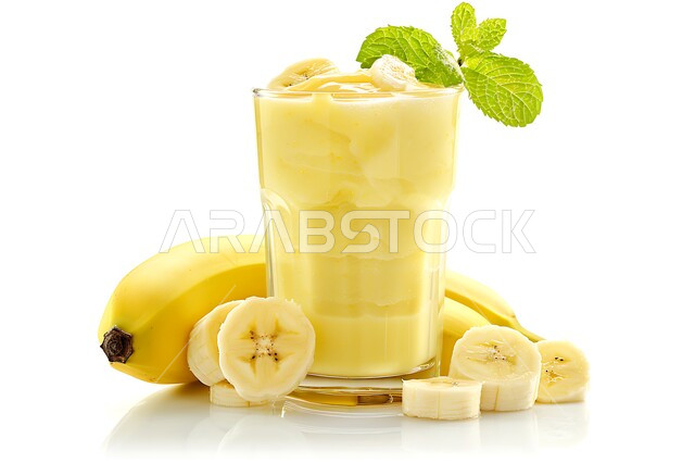 مشروبات فواكه موسمية منعشة، محاصيل زراعية وثمار وطنية محلية سعودية، كأس من عصير فاكهة الموز اللذيذة، مشاريب صحية ومفيدة ومغذية، كوكتيلات وعصائر طبيعية باردة شهية