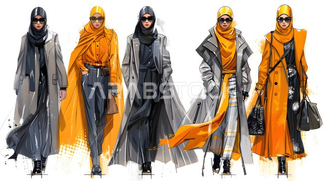 Drawings and artistic talents, the concept of femininity and softness, wearing modern veiled fashions, colorful illustrations of women wearing the hijab and colorful dresses.