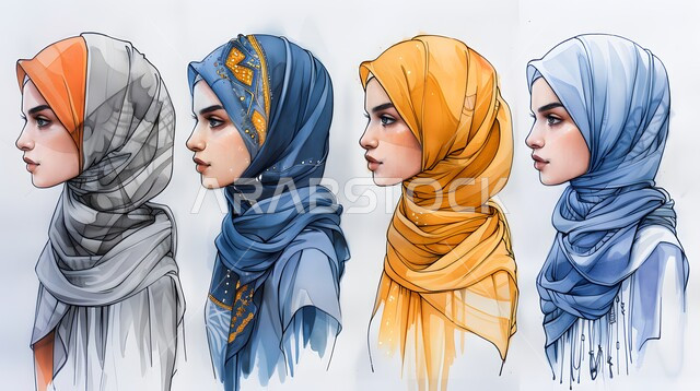 رسومات ومواهب فنية، مفهوم الأنوثة والنعومة، ارتداء أزياء محجبات عصريه حديثه، رسوم توضيحية ملونة لنساء يرتدون الحجاب و الفساتين الملونة