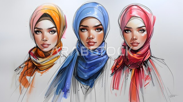 رسومات ومواهب فنية، مفهوم الأنوثة والنعومة، ارتداء أزياء محجبات عصريه حديثه، رسوم توضيحية ملونة لنساء يرتدون الحجاب و الفساتين الملونة