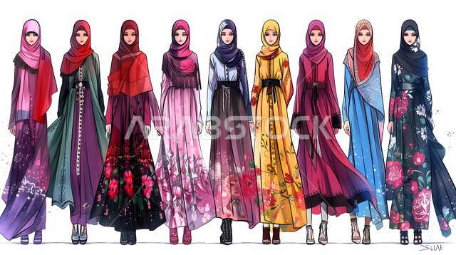 رسومات ومواهب فنية، مفهوم الأنوثة والنعومة، ارتداء أزياء محجبات عصريه حديثه، رسوم توضيحية ملونة لنساء يرتدون الحجاب و الفساتين الملونة