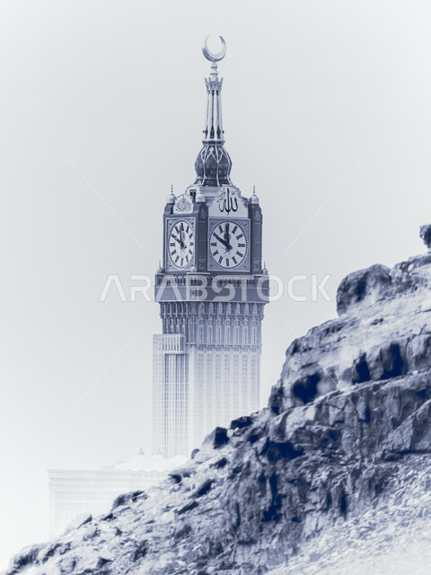The Holy Mosque of Mecca in Mecca, a black and white close-up of the Royal Clock Tower building, sacred Islamic religious places and landmarks, the Kingdom of Saudi Arabia, the architectural art of building towers and skyscrapers, worship and getting closer to God