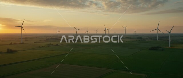 مفهوم استخدام الطاقات المتجددة صديقة البيئة، التنمية المستدامة بالطاقة البديلة في المملكة العربية السعودية، حقول توربينات الرياح وطواحين الهواء وسط الطبيعة الخضراء في المناطق الزرعية