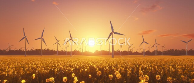 مفهوم استخدام الطاقات المتجددة صديقة البيئة، التنمية المستدامة بالطاقة البديلة في المملكة العربية السعودية، حقول توربينات الرياح وطواحين الهواء وسط الطبيعة الخضراء في المناطق الزرعية