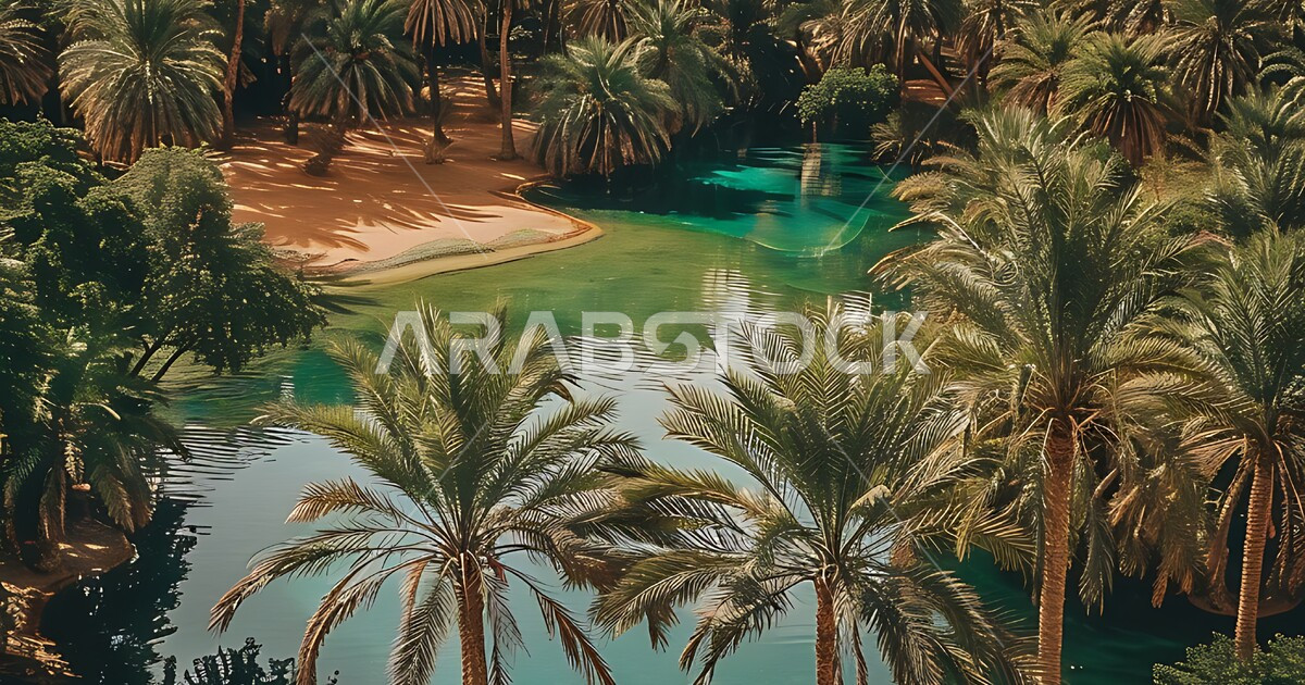 واحات ومزارع أشجار النخيل في الطبيعة الصحراوية حول البحيرات المائية ...