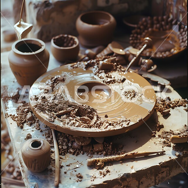 حرف وصناعات يدوية تقليدية قديمة، صورة مقربة لعجلة خزاف، اواني خزفية مصنوعة من الطين، صناعة الآنية و الجرار الفخارية، منتجات محلية وطنية