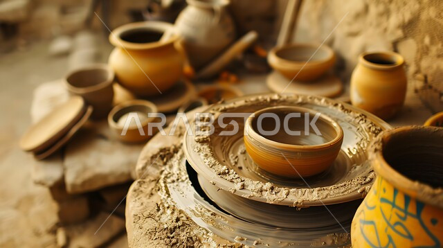 اواني خزفية مصنوعة من الطين، صناعة الآنية و الجرار الفخارية، منتجات محلية وطنية، حرف وصناعات يدوية تقليدية قديمة، صورة مقربة لعجلة خزاف