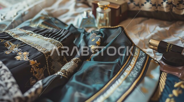 اهتمام النساء بالأناقة والمظهر الخارجي، صورة مقرّبة لعباءة وشيلة موضوعة على سرير، لباس سعودي تقليدي مع مكياج و عطورات عربية، التمسك بعادات و تقاليد الثقافة السعودية