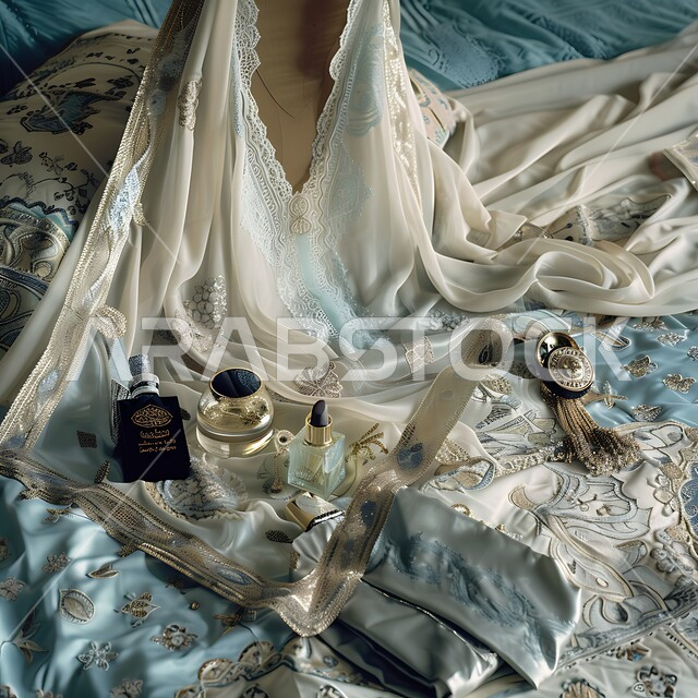 التمسك بعادات و تقاليد الثقافة السعودية، اهتمام النساء بالأناقة والمظهر الخارجي، صورة مقرّبة لعباءة وشيلة موضوعة على سرير، لباس سعودي تقليدي مع مكياج و عطورات عربية