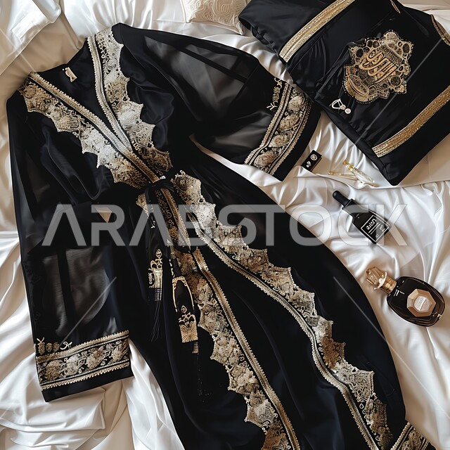 اهتمام النساء بالأناقة والمظهر الخارجي، صورة مقرّبة لعباءة وشيلة موضوعة على سرير، لباس سعودي تقليدي مع مكياج و عطورات عربية، التمسك بعادات و تقاليد الثقافة السعودية