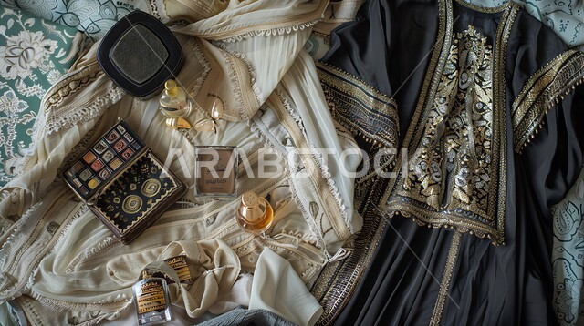 لباس سعودي تقليدي مع مكياج و عطورات عربية، التمسك بعادات و تقاليد الثقافة السعودية، اهتمام النساء بالأناقة والمظهر الخارجي، صورة مقرّبة لعباءة وشيلة موضوعة على سرير