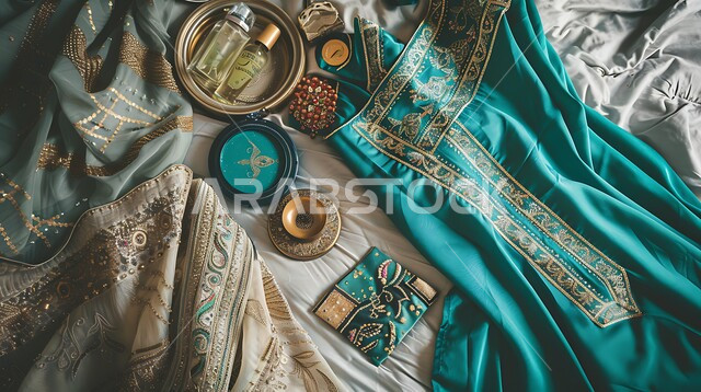 التمسك بعادات و تقاليد الثقافة السعودية، اهتمام النساء بالأناقة والمظهر الخارجي، صورة مقرّبة لعباءة وشيلة موضوعة على سرير، لباس سعودي تقليدي مع مكياج و عطورات عربية