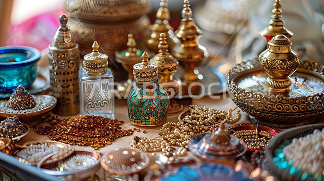 الشغف بالتزين و التأنق، استخدام الزيوت العطرية، منتجات وطنية محلية سعودية، المجوهرات العربية التقليدية، اهتمام النساء بالأناقة والمظهر الخارجي، صورة مقربة لطاولة زينة لامرأة، العطور والمستحضرات النسائيه