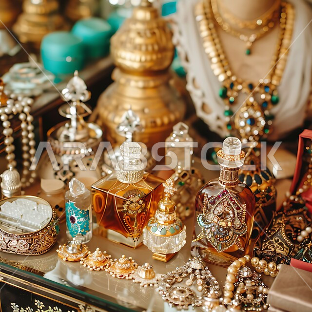 اهتمام النساء بالأناقة والمظهر الخارجي، صورة مقربة لطاولة زينة لامرأة، العطور والمستحضرات النسائيه، الشغف بالتزين و التأنق، استخدام الزيوت العطرية، منتجات وطنية محلية سعودية، المجوهرات العربية التقليدية