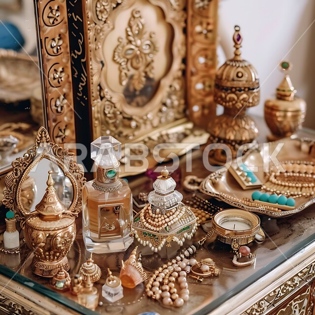 العطور والمستحضرات النسائيه، الشغف بالتزين و التأنق، استخدام الزيوت العطرية، منتجات وطنية محلية سعودية، المجوهرات العربية التقليدية، اهتمام النساء بالأناقة والمظهر الخارجي، صورة مقربة لطاولة زينة لامرأة