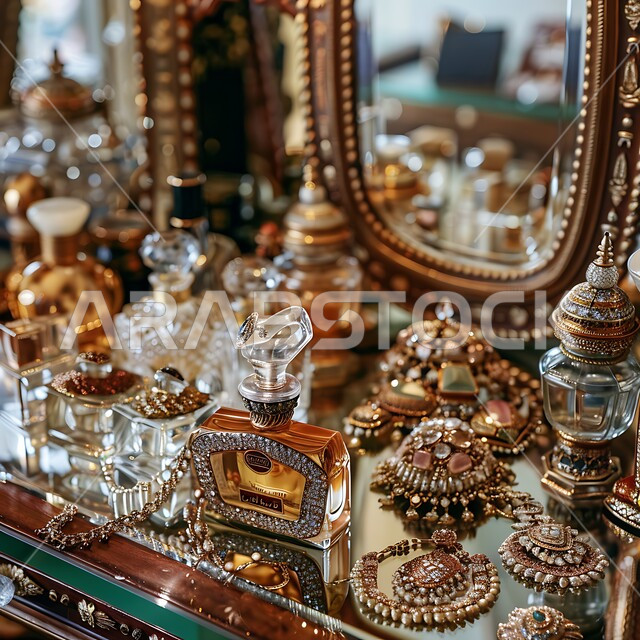 اهتمام النساء بالأناقة والمظهر الخارجي، صورة مقربة لطاولة زينة لامرأة، العطور والمستحضرات النسائيه، الشغف بالتزين و التأنق، استخدام الزيوت العطرية، منتجات وطنية محلية سعودية، المجوهرات العربية التقليدية